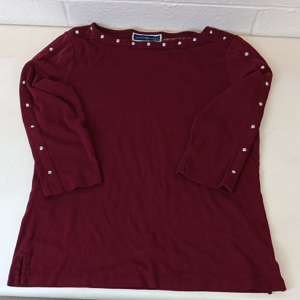 Karen Scott Women's Burgundy Long Sleeve Top with Stud Details